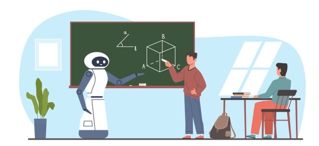 Robot and students in class; one student stands with robot in front of a blackboard pointing at a geometric shape as if teaching the robot 