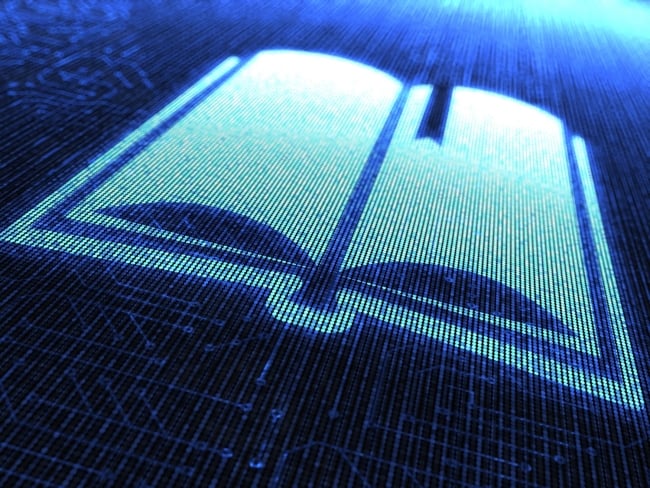 An image of a digitized open book on a high-tech background with blue streaks
