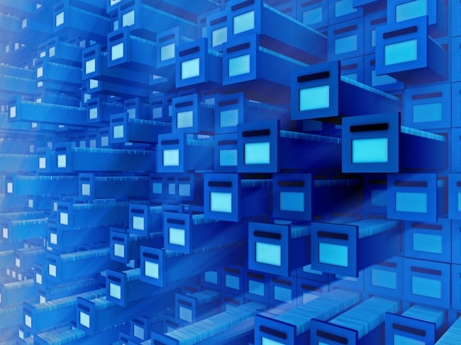 An illustration of a massive blue wall of file drawers, most of them open