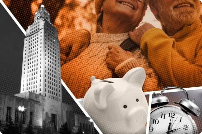The Louisiana statehouse, an elderly couple, a piggy bank and a clock