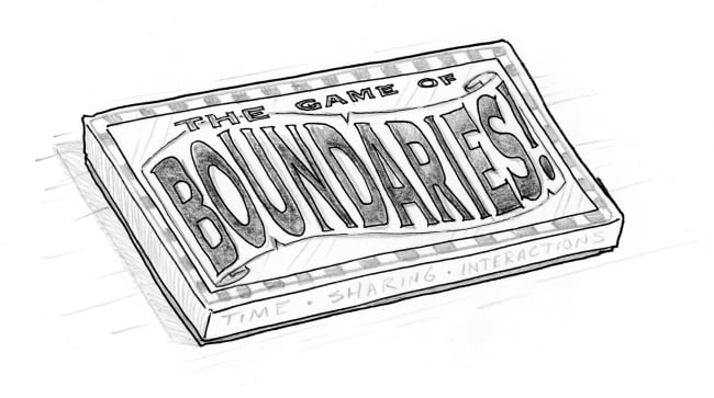 sketch of a board game with the title “Boundaries!”