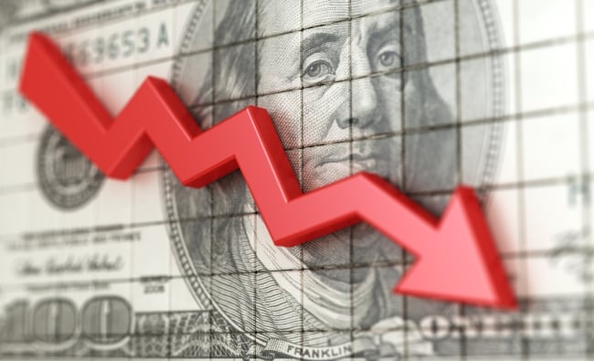 A red downward-facing arrow is juxtaposed against a $100 bill, illustrating declining stock prices.