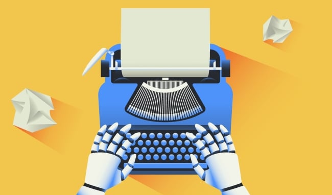 Robot hands are placed on a blue typewriter. The overall background image is yellow, with two pieces of crumpled paper on either side of the typewriter. 