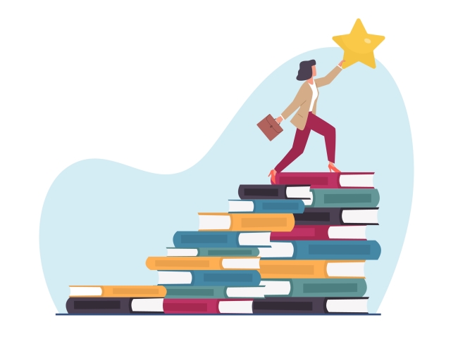 Woman holding briefcase who has climbed to the top of a stack of books and reached a star that is only accessible from the top book.