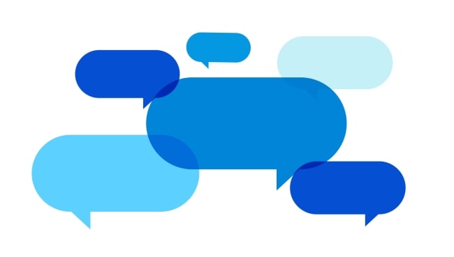 A drawing of six speech bubbles, of various shades of blue, against a white background.