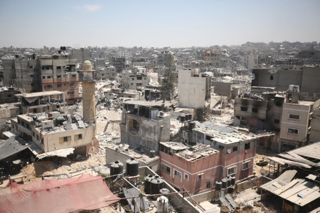 An aerial photograph depicting destroyed buildings and streets following the Israeli military’s ground operation at Jabalia Refugee Camp.