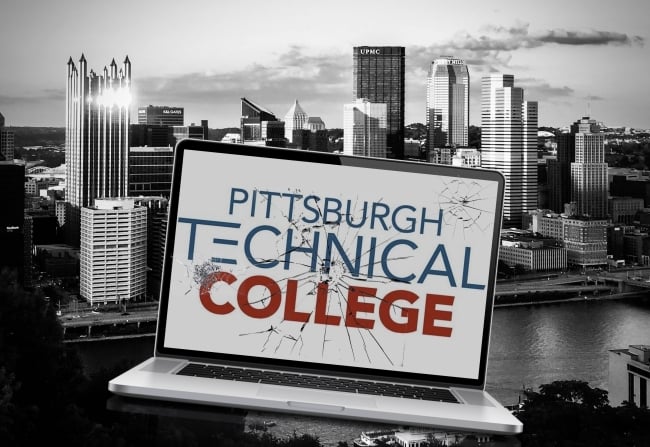 A photo illustration of a cracked logo for Pittsburgh Technical College.