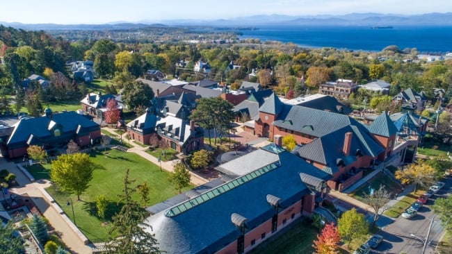 An aerial view of Champlain College in Burlington, Vermont