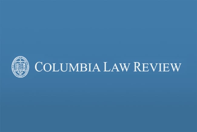 In this screenshot from the Columbia Law Review website, the words “Columbia Law Review,” in white, can be seen against a blue background, next to a logo.