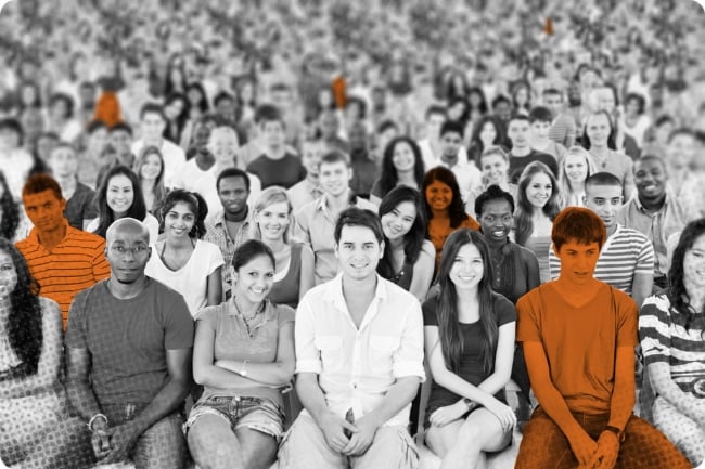 Illustration showing a group of students sitting down and a few are shaded orange