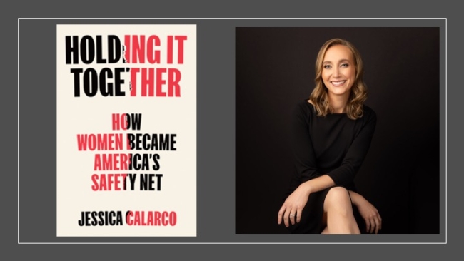 “Holding It Together” book cover with black and red text, paired with a Zoom screenshot of author Jessica Calarco.