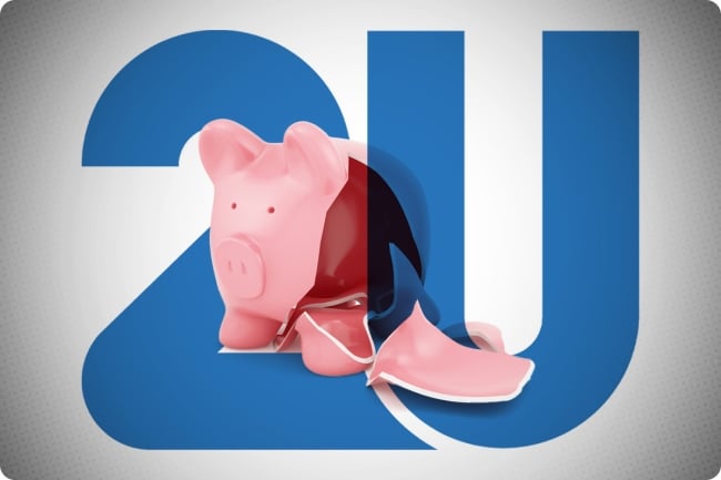 A blue "2" and "U" loom in the background of a broken pink piggy bank