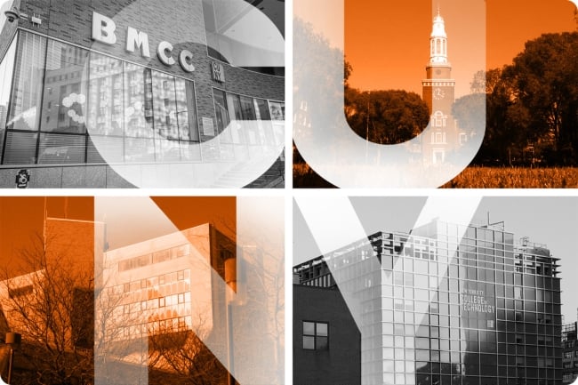 A photo illustration with photographs of Borough of Manhattan Community College, Brooklyn College, Kingsborough Community College and New York City College of Technology with the letters "CUNY" superimposed on them.