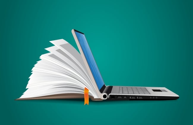 A graphic of an open laptop connected to an open book.