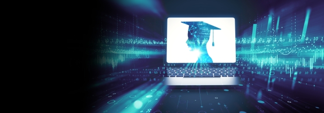 A computer screen with a silhouette wearing a graduation hat is surrounded by blue digital lines 