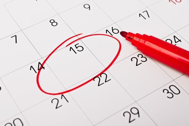 A calendar with the 15th of the month circled in red pen. A red pen lies atop the calendar.