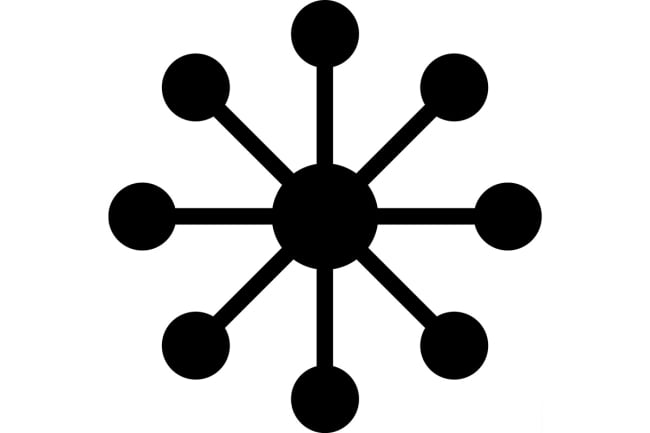 An icon depicting centralization: the icon features a central circle, from which eight lines and circles radiate outward, akin to the hub and spokes of a wheel.