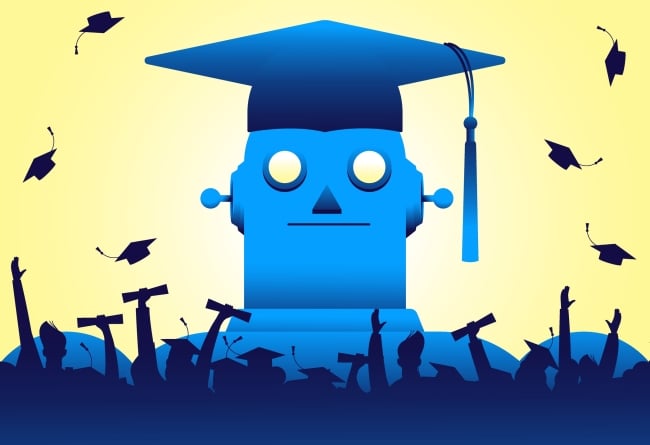 A robot looms in the background wearing a graduation cap, while a group of human graduates celebrate by throwing their caps in the air and hoisting their degrees in their hands 