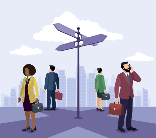 Four diverse people standing a crossroads holding briefcases and looking in different directions