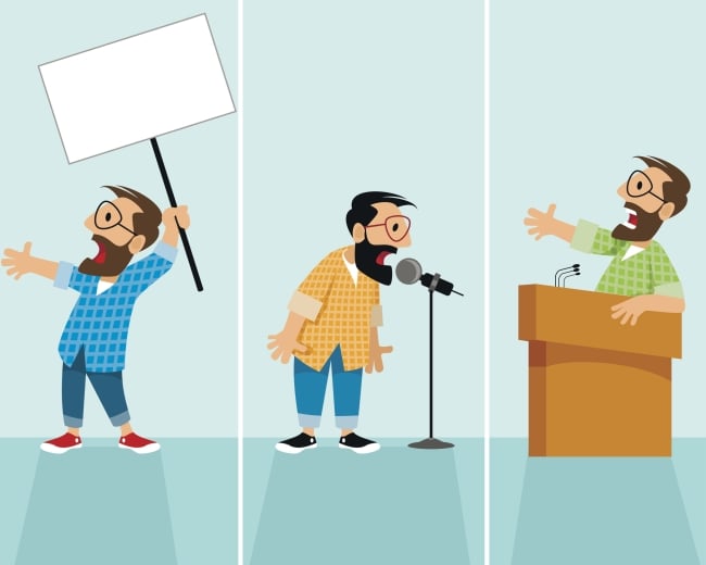 A cartoon of a professor holding up a sign in the left panel, speaking into a standing mike in the middle panel and speaking at a lectern in the last panel.