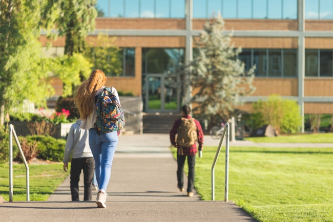 A rear view of three college students walking a path across a college campus toward a brick campus building.