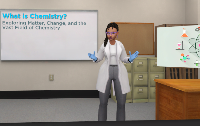 An animated woman stands in a classroom. She is wearing a lab coat and has a whiteboard behind her on the left and a chart examining an atom floating next to her on the right.