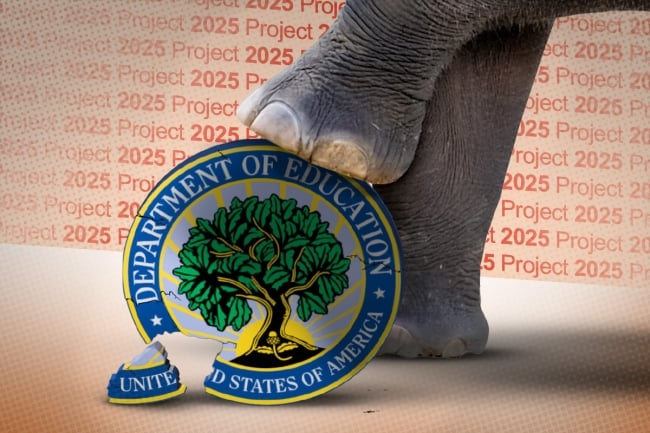 An elephant foot crushes a cracked logo of the Education Department. Behind it an orange background repeats "Project 2025."