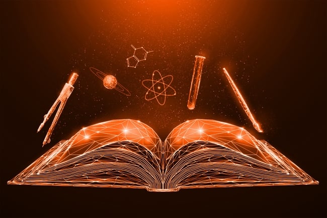 A futuristic-looking digital textbook bathed in orange