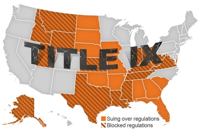 A map of the United States showing the 15 states where the Title IX regulations are temporarily on hold