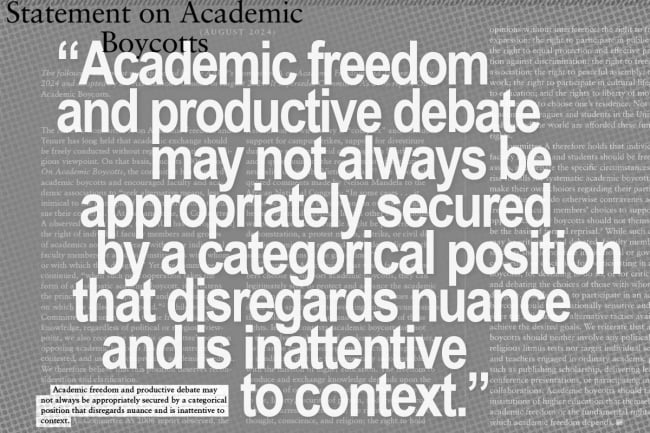 A photo illustration with a quote from an AAUP statement saying “academic freedom and productive debate may not always be appropriately secured by a categorical position that disregards nuance and is inattentive to context.” The quote is superimposed over the document.