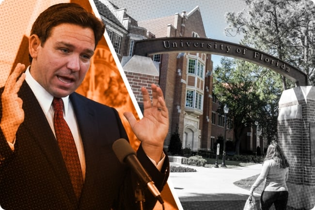 A photo illustration combining a photo of Florida governor Ron DeSantis on the left and a photo of the University of Florida's campus on the right.