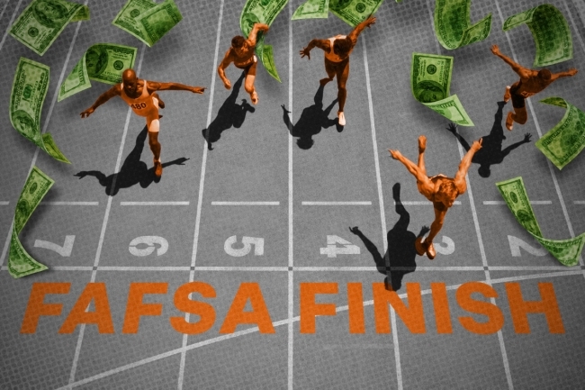 A photo illustration that shows runners, cash flying and the words FAFSA FINISH