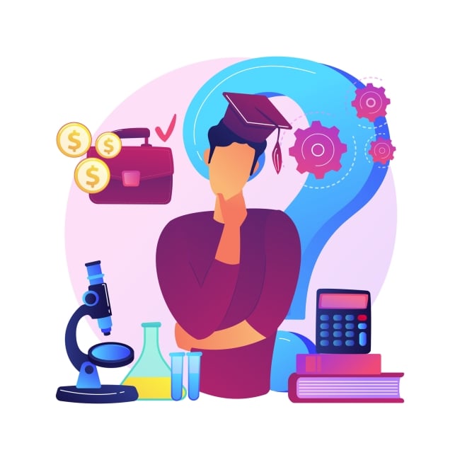 Student with mortarboard standing before a big question mark surrounded by symbols of professions including medicine and business, as well as a book and a calculator