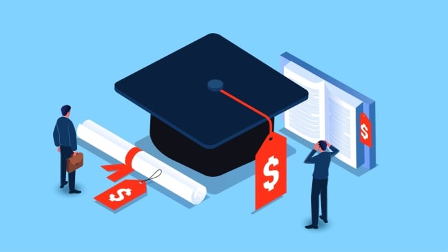 Illustration of a graduation cap and price tag