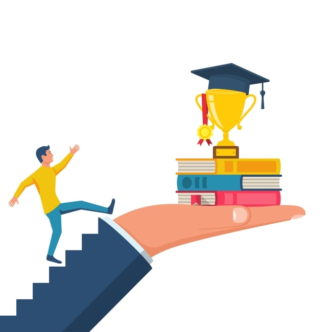 An illustration of a man climbing a ladder toward an outstretched hand holding three books topped with a trophy and graduation cap. 