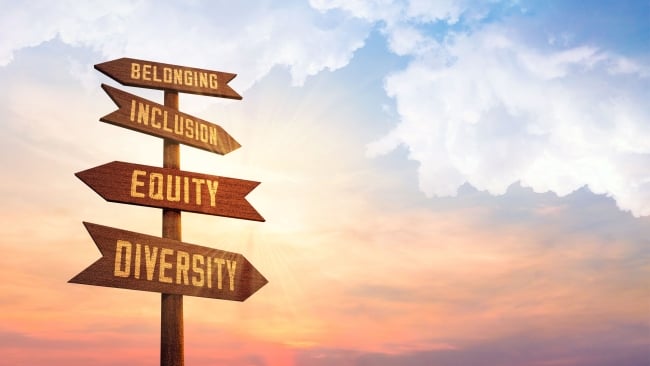 An image of a wooden signpost against the backdrop of a pink sunrise or sunset. The signpost has four signs, pointing in varied directions, that read "Belonging," "Inclusion," "Equity" and "Diversity."