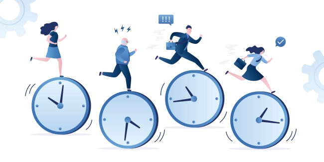 Two women and two men each run atop a clock (each clock with different times) as if in a race