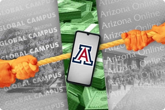 A cellphone with the University of Arizona "A" on the screen is being pulled in two directions