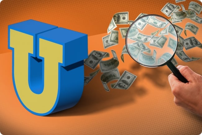 photo illustration with an orange background, a bold capital U and a money trail.