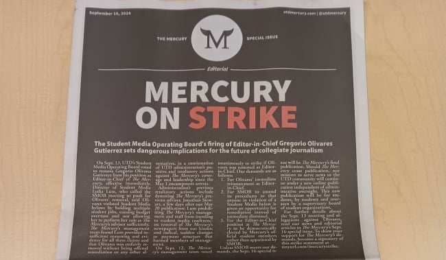 The front page of a newspaper reading "Mercury on Strike"