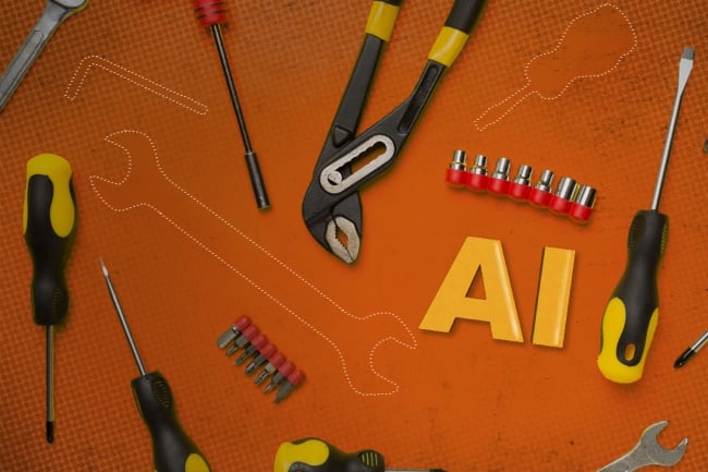 A scattering of yellow and black tools on an orange background accompanied by the letters AI