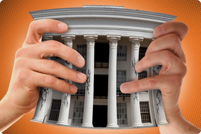 An image of a campus building with six columns being squeezed by two hands, from right and left, against an orange background.