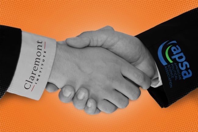 A photo illustration of two people clasping hands. The shirtsleeve above one hand says "Claremont Institute," while the coat sleeve of the other hand bearing the logo of the American Political Science Association.