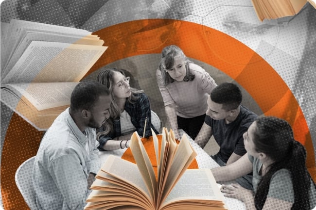 A collage of books, a discussion group, a face with glasses and an orange arch.