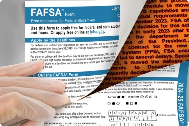 A hand cuts open a FAFSA form to reveal text from an investigation underneath