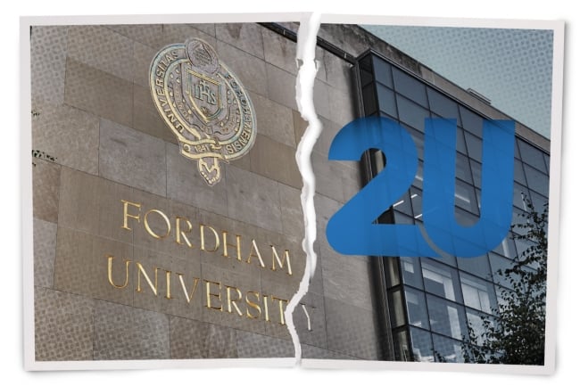 The Fordham University name and logo is on the left side, with the 2U logo on the right side. There is a jagged line down the middle between the two entities. 