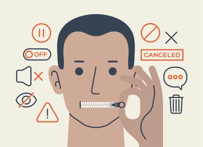 An illustration of a young man pulling a zipper shut over his mouth; surrounding him are icons that say things like "canceled" or "off," or that imply the volume is off.