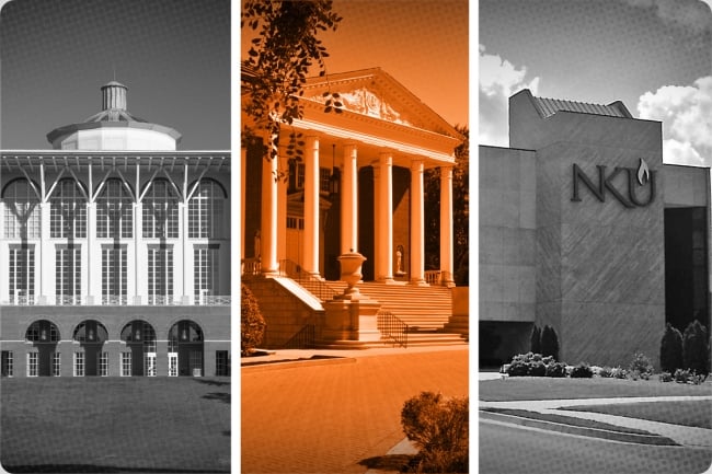 A photo illustration containing photographs of buildings at the University of Kentucky, the University of Louisville and Northern Kentucky University.