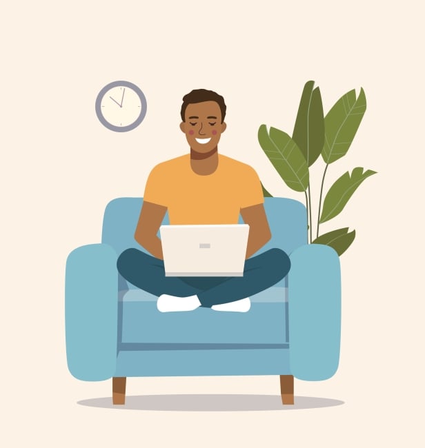 An illustration of a young Black man smiling widely while typing on a laptop. He sits cross-legged on what appears to be a comfortable blue armchair; a plant and a clock are in the background.