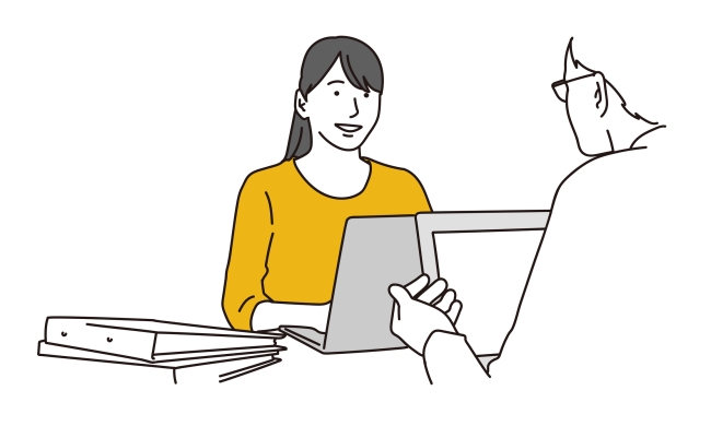 A cartoon-like drawing of a young woman, her laptop open, talking to an older male figure, who could be a mentor.